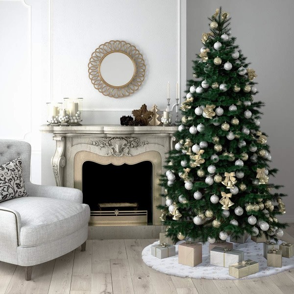 48 tums julgransmatta, vit och guld julgransmatta, snövit fuskpäls julgransmatta för hemmets julfestdekorationer (vit/guld)