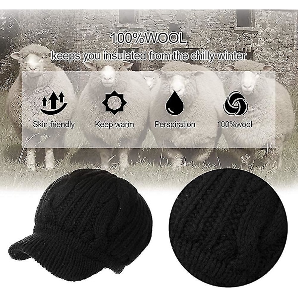 Damernas 100% Ull Stickad Skärmkeps Newsboy Beanie Varm Vintermössa