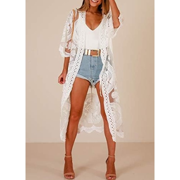Baddräktsöverdrag för damer Kimono Lång Strandklänning Blommig Spets Bikini Badkläder Solskyddskläder