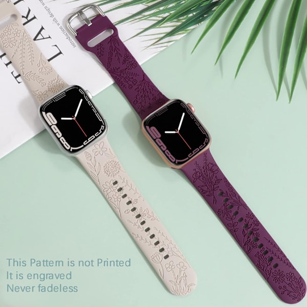 Blomstergravert silikonband kompatibel med Apple Watch Starlight Nordic Purple Starlight Nordic Purple 42/44/45mm