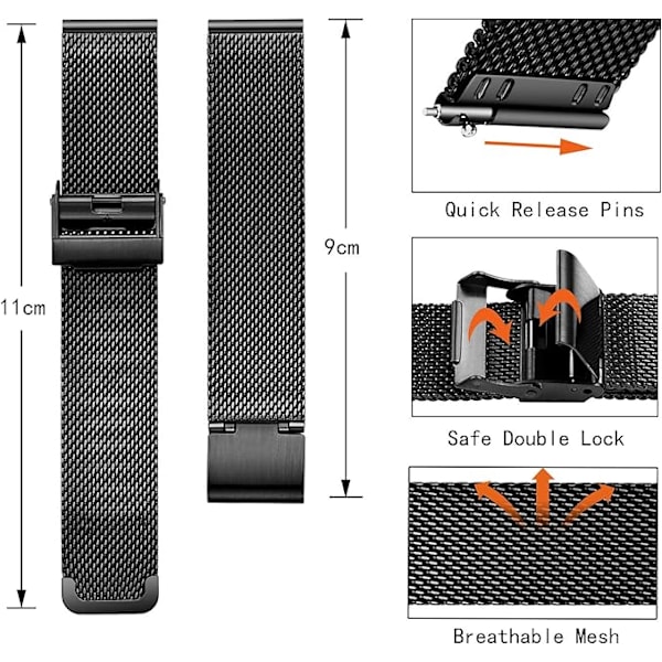 Klokke Mesh Reim Rustfritt Stål Hurtigutløser Menn Kvinner 22mm
