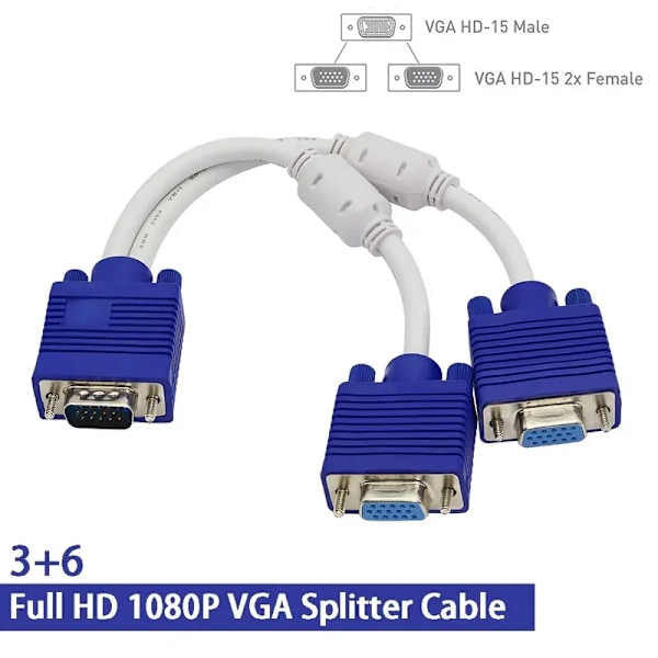 VGA Splitter-kabel Dual VGA Display Y-kabel 1 hann til 2 hunn adapterkonverter