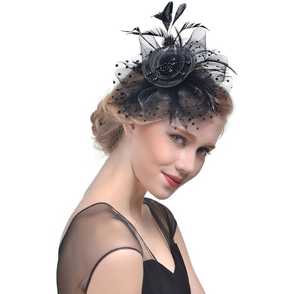 Fascinatorhatt for kvinner, damer, bryllup, fascinatorer, teselskap, hatt, flapper, pillbox-hatt, Ascot-konkurransehatt, fjærblomst (svart) black