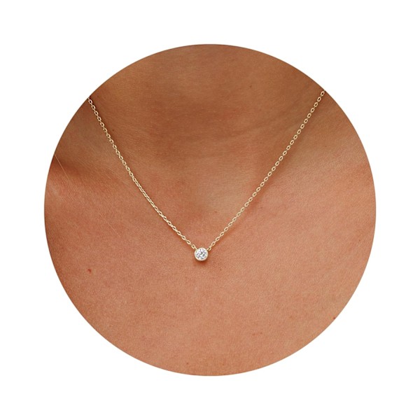 Elegant Halskæde - Forgyldt 18\" Kvinders Choker med Lille Rund Simuleret Diamant Vedhæng, CZ Diamant Solitaire Halskæde med Hummerlukning