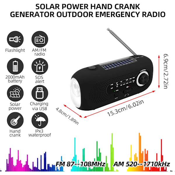 （Svart） Bärbar solradio, Dynamo-radio, Solradio med SOS
