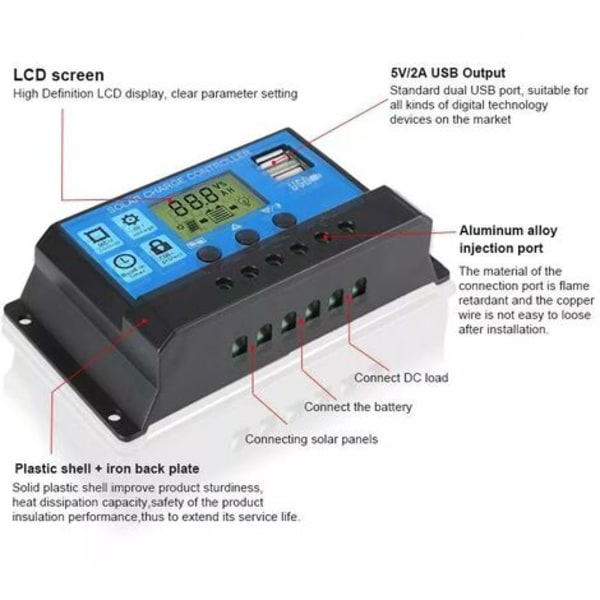 MPPT-aurinkolataussäädin LCD-näytöllä 12V/24V Kaksi USB-aurinkopaneelia Älykäs akkulaturi 10A työvirta