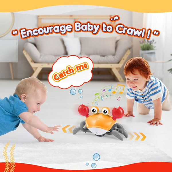 Sensoriska leksaker för spädbarn, krypande krabba leksak babyleksaker 0-6 månader presenter till 1 2 år gamla flickor pojkar krabba Orange
