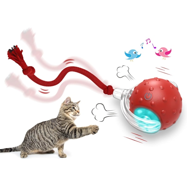 Interaktiv Kattboll för Innekatter - Snabb Rullning på Matta, Kvittrande & Rörelseaktiverad Katt Leksak (Röd)