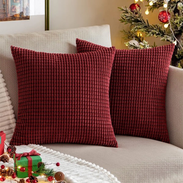Set med 2 dekorativa julkuddfodral Mjuk manchester Solid case Burgundy Wine Red Case för soffa Sovrum Bil 18x18 tum 45x45cm