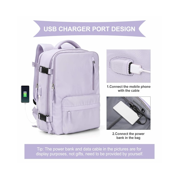 Kabinbag Ryggsekk Reise Ryggsekk Vandring Ryggsekk Passer 14 Tommers Bærbar PC med USB-Ladingspor Skoavdeling, Lilla
