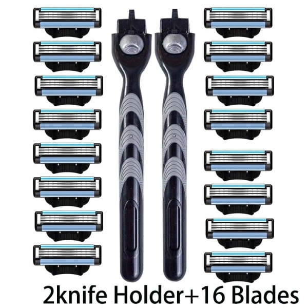 3-lags barberblad, manuell barberhøvel i rustfritt stål for menn, retro våtbarberer, gjenbrukbar barberhøvel 2 holdere 16 b 2 Holders 16 Blades