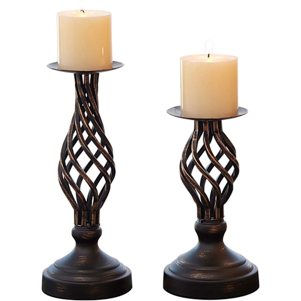 Decorative candle holder set with 2 metal pillar romantic candles