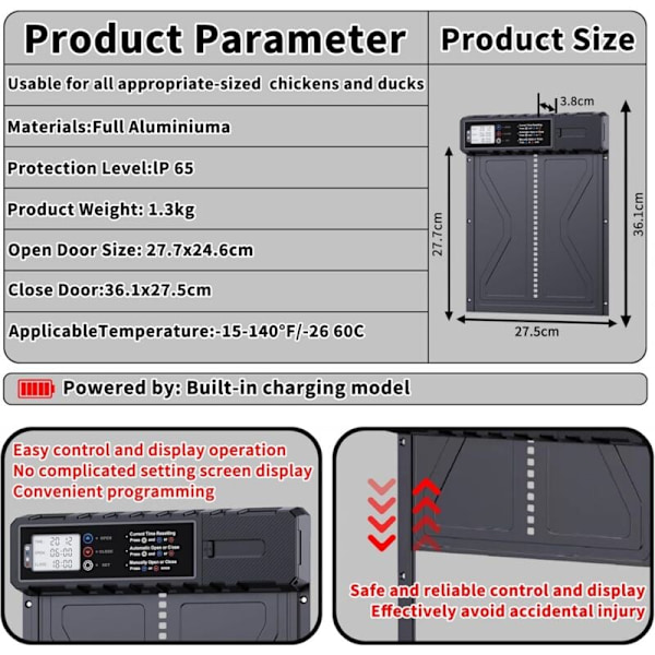Solardriven Automatisk Hönshusdörr, Vattentät och Hållbar, Automatiska Hönshusdörrar i Aluminium med Timer, IP45 för Hemmagård【HY】