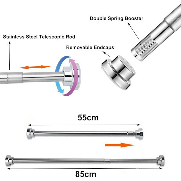 Uttrekkbar dusjforhengstang 55-85cm, dusjforhengstang i rustfritt stål, draperistang med spenning, ingen boring, justerbar dusjstang, 1 stk
