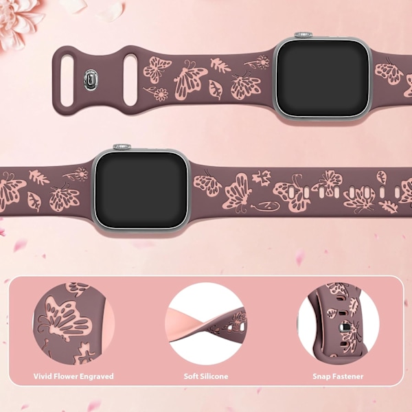 Blomstergravert rem for Apple Watch-remmer Dameurremmer Silikon Blomster Sommerfugl Sportsrem for Apple Watch Series Smoke Violet Pinksand Smoke Violet Pinksand 38/40/41mm