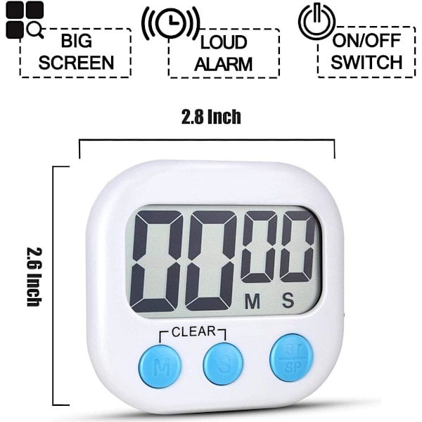2 Pak Digital Køkken Timer til Madlavning Store Tal Høj Alarm Magnetisk Bagside Stativ Køkken Timere til Bagning Hvid
