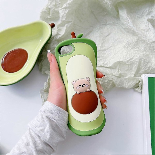 iPhone SE 2022/SE 2020 (3:e generationen) Avokado Mobilskal, 3D Söt Tecknad Barn Flickor Kvinnor Kawaii Söt Björn Avokado Form {XW}