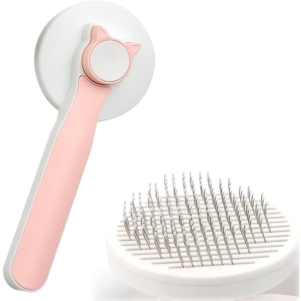 （Pink）Cat Grooming Brush, Self-Cleaning Brush for Cats, Brush for Long and Short Hair, Short H