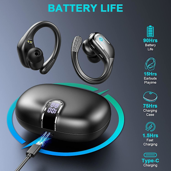 Trådløse Hovedtelefoner, 90 timer Bluetooth 5.3 Hovedtelefoner Trådløse Løbe med ENC Støjreduktion Mic, IP7 Vandafvisende Bluetooth Hovedtelefoner