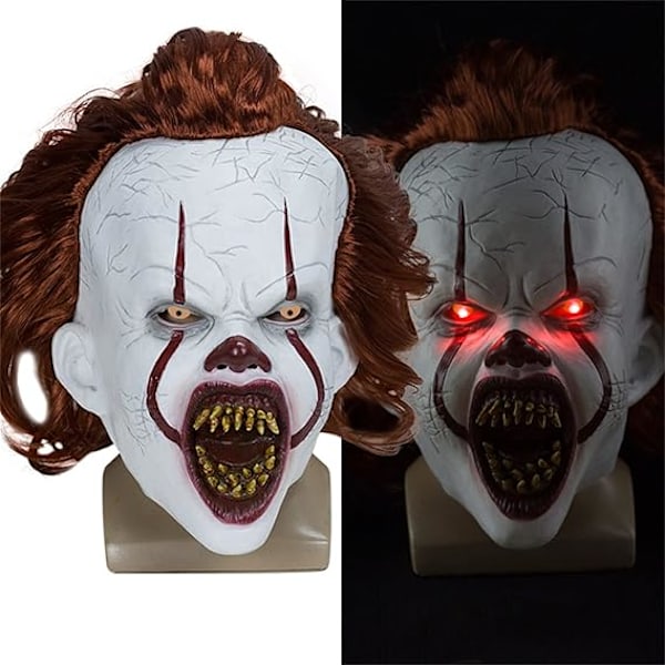 Skummel Klovnmaske for Pennywise It Cosplay, LED-belyst Horrormaske med Hår, Halloween Latex Voksen