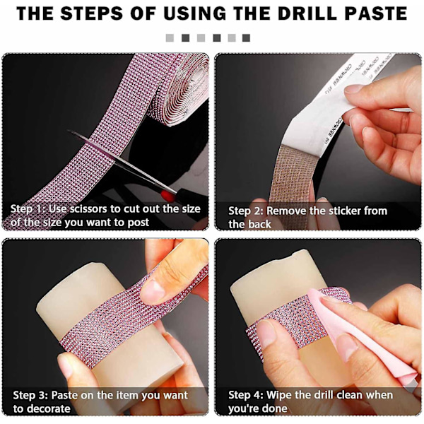 Pink4 Itsekiinnittyvä strassinauha kristallikoriste tarra itsekiinnittyvä kristalli strassi timanttinauha (4 riviä + 6 riviä + 8 riviä + 10 riviä)