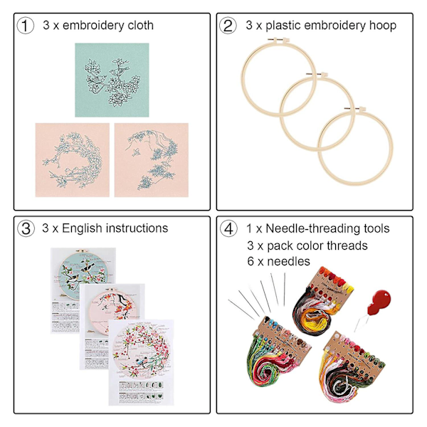 Broderikit för nybörjare, vuxenkit innehåller 3 broderityger med fågelmönster
