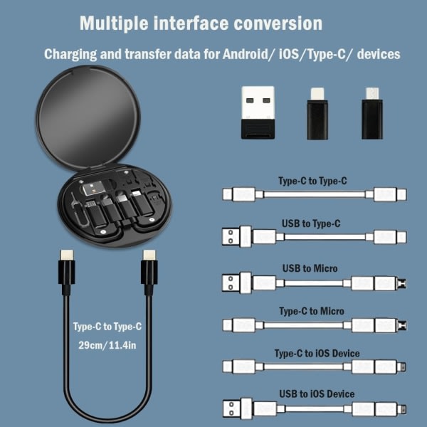 USB kabelkort, 6 i 1 multifunktionell bärbar USB set, 66W snabbladdning mörk