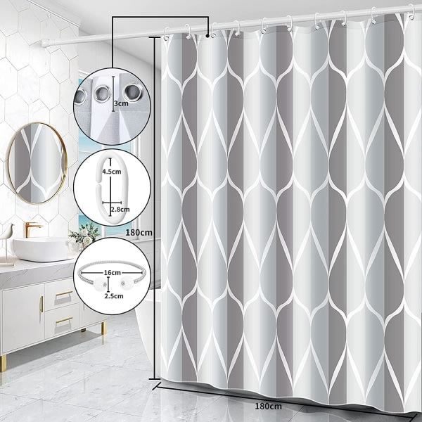 Duschdraperi, tvättbar, vattentät tyg duschdraperi, maskintvättbar, tillverkad av polyester med 12 ringar + magnetisk rep (grå, 180 x 200 cm)