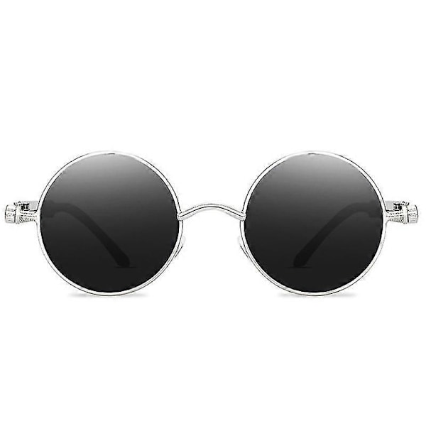 Vintage Polariserede Steampunk Runde Solbriller til Mænd, Stilfuld Db Silver Frame Grey Lenses