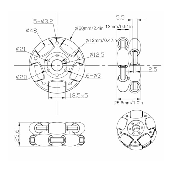 60mm Robot Omni Hjul Aluminiumlegering 360 Graders Rotasjon Utskifting Oppgradering