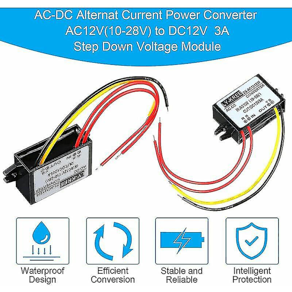 AC-DC-strømomformer AC 12V (10-28V) til DC 12V trinn-ned-omformermodul spenningsregulator AC til DC trinn-ned-omformer, IP68 vanntett (3A)