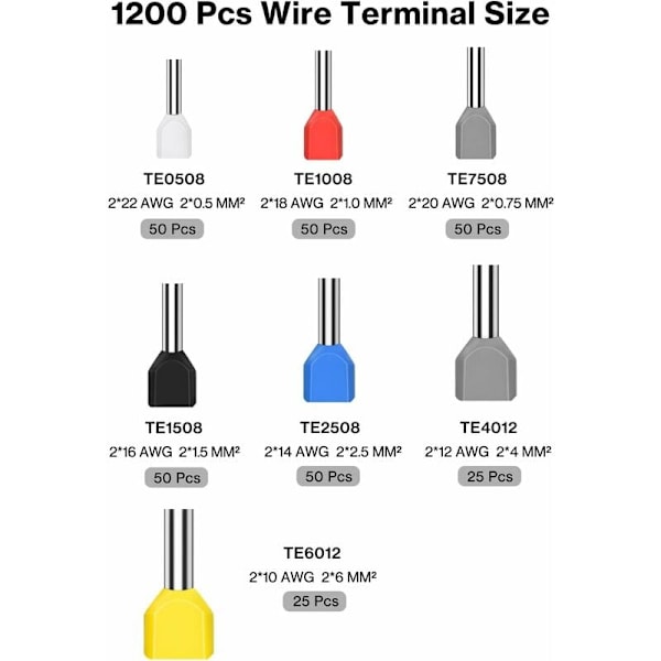 1200 stk kabelskoklemmer, kabelskoklemmer og sett, forhåndsisolerte kabelskoklemmer, elektriske kontakter, for elektrikertenger