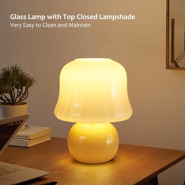 Svampe Lampe 11\" H Glas Bordlampe Lille Natbord Lampe til Soveværelse, Sød Bordlampe til Hjemmeindretning, Natlys, Gave (Gul Svampe)