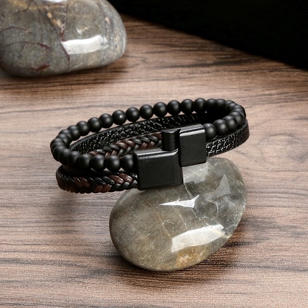 Läderarmband med pärlor för män, Naturliga pärlor, Armband i stål och läder för män Julklapp