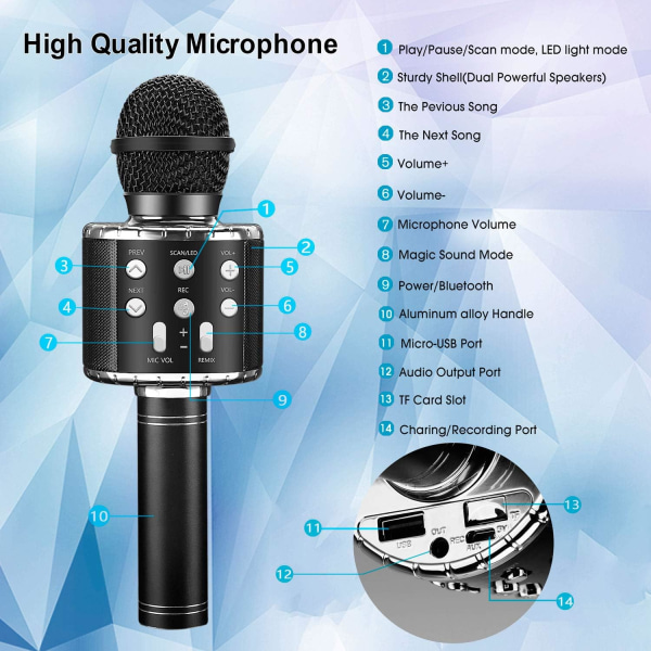 Karaoke Bluetooth trådlös mikrofon, barn vuxen mikrofon, 5 röstväxlare