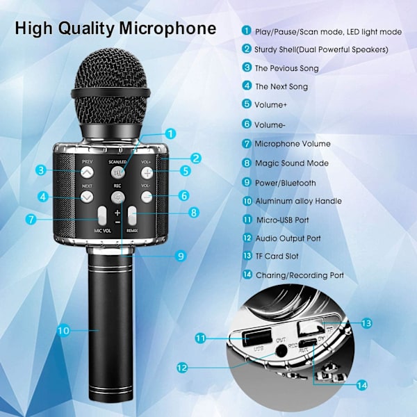 Karaoke Bluetooth trådløs mikrofon, mikrofon til børn og voksne, 5 stemmevekslere
