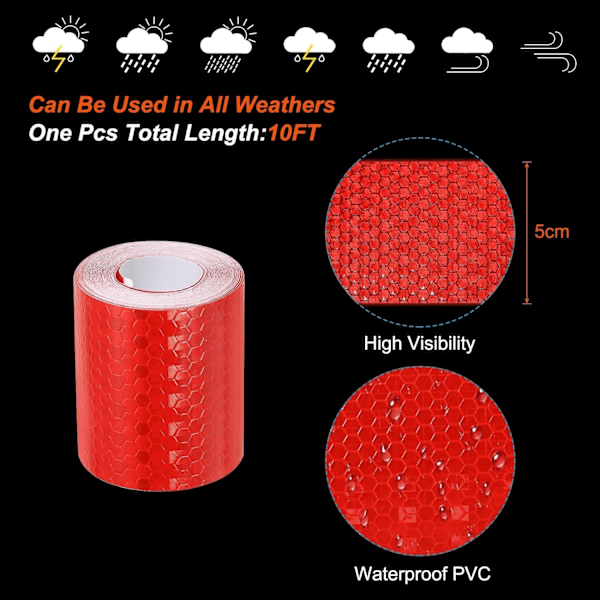 Heijastava teippi 2-pakkaus 2IN x 10FT Vedenpitävä itseliimautuva korkea näkyvyys Varoitus Teippi Heijastavat tarrat ulkokäyttöön, Punainen