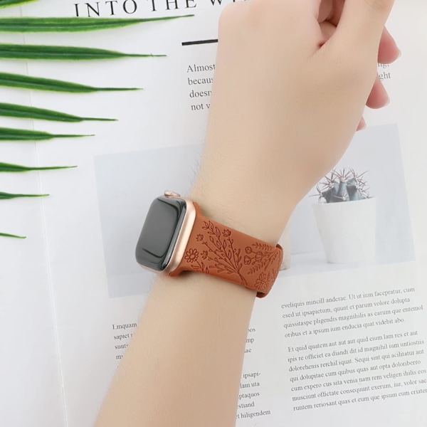 Blomstergravert silikonband kompatibel med Apple Watch Valnöt Brun Brun Walnut Brown Brown 38/40/41mm