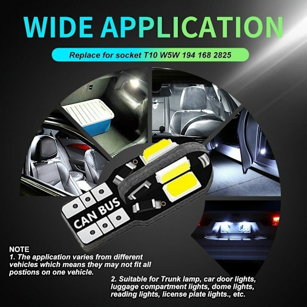 20 st W5W T10 LED-lampa Canbus 5730 8SMD 12V 6000K 194 168 LED Bil Interiör Kartlampa Kupollampa Parkeringsljus Bilsignallampa