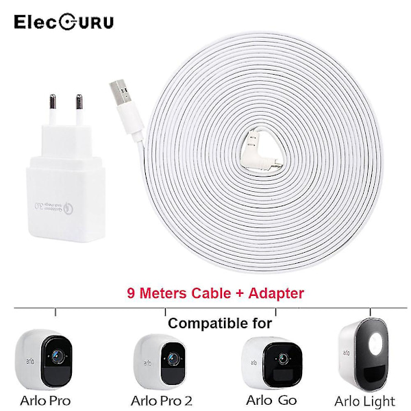 Vanntett 9m ladekabel med strømadapter for Arlo Pro 2/pro/go/light kamera Arlo kameratilbehør Hurtiglader (EU, Hvit)