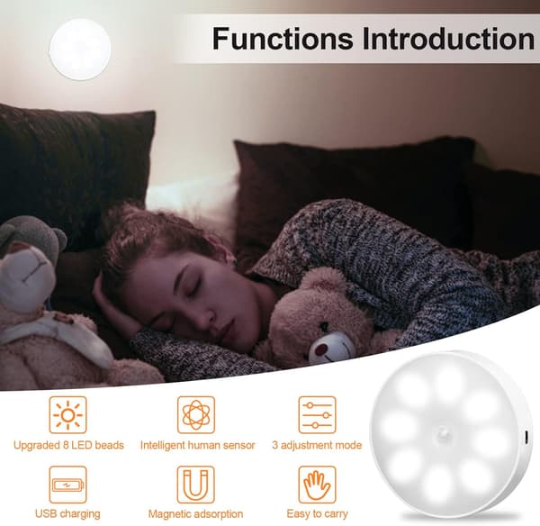 USB Oppladbar Bevegelsessensor Nattlys Skaplys 8 LED 3 Moduser (Auto/På/Av){yh}