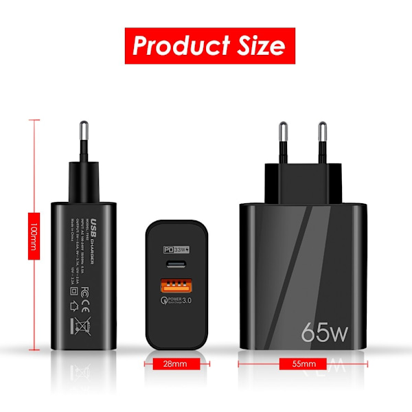 65W GaN Hurtiglader med USB C-kabel, til mobil og MacBook Pro