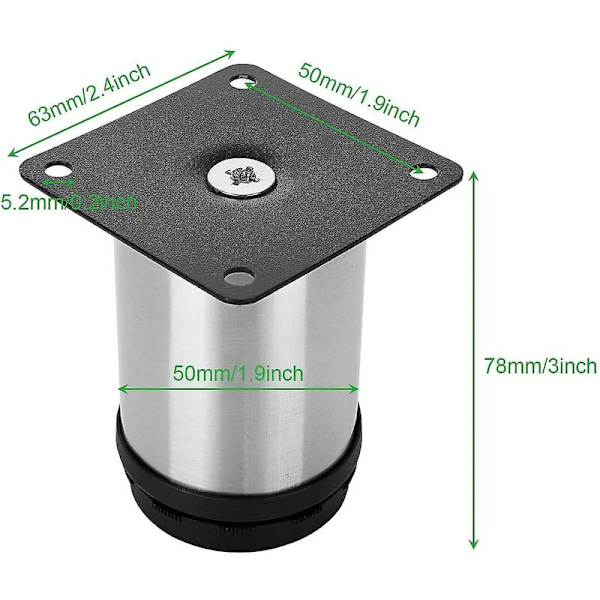 Pakke med 80mm hevede/senkede møbelben, runde børstet rustfritt stål møbelben, salongbordben, justerbar høyde
