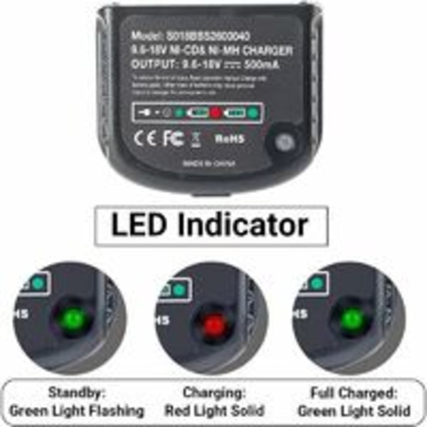 Ersättningsladdare kompatibel med Black & Decker 9,6V 12V 14,4V 18V Nicad Nimh batteri HPB18-OPE HPB18 HPB14 HPB12 HPB96 244760-00 A1718 FSB18—