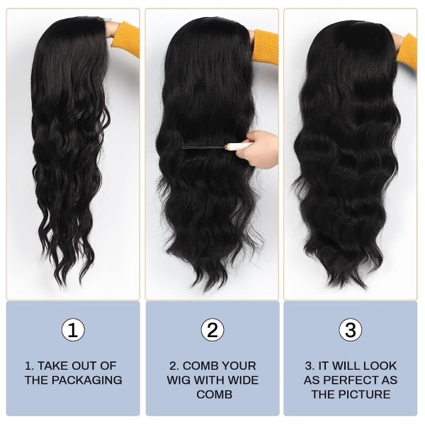 Kvinnors långa svarta vågiga peruk 24 tum lockig syntetisk peruk naturlig M