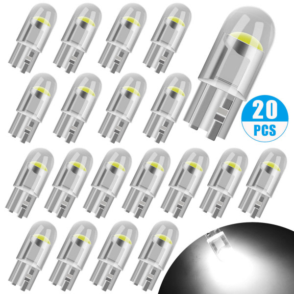 20 T10 Glas Full Light Transmission Led-lampor T10 Sidomarkeringsljus COB Bilglödlampa Retrofit Tillbehör Led-skyltbelysning