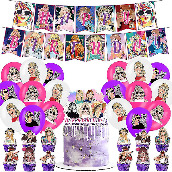 Taylor Swift Themed Fans Birthday Decorations Party supplies include a banner, balloons, cake cupcakes