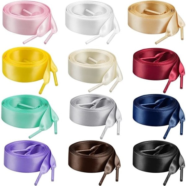 12 Pairs 100*2cm Flat Satin Ribbon Shoelaces Colorful Silk Shoelaces