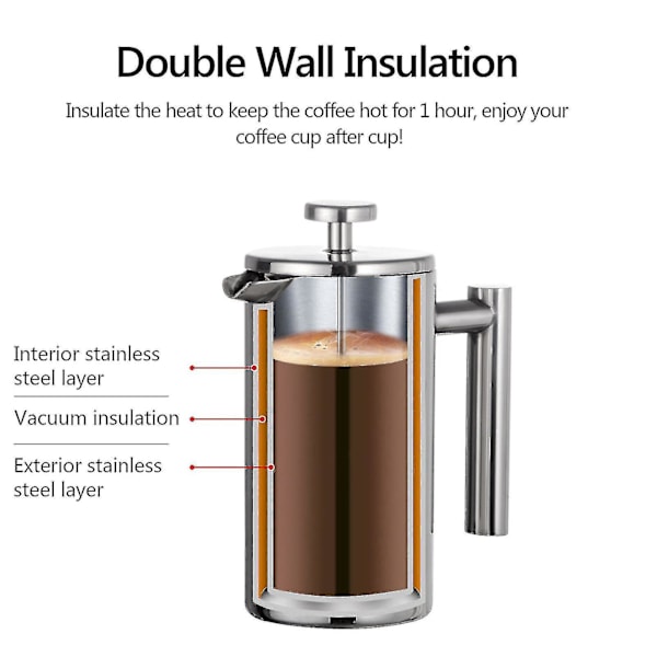 350ml/800ml/1000ml Fransk Press Kaffebryggare Rostfritt Stål Dubbelväggad Isolerad KaffekannaBY 1000ml