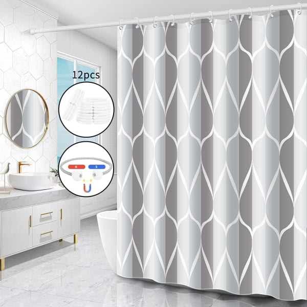 Duschdraperi, tvättbar, vattentät tyg duschdraperi, maskintvättbar, gjord av polyester med 12 ringar + magnetrep (grå, 180 x 200 cm)